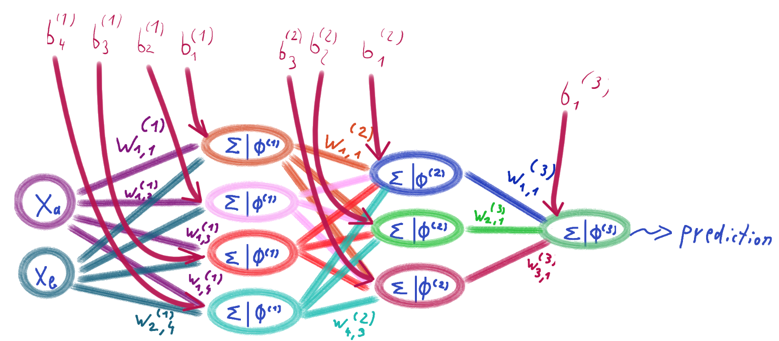  Neural network with weights and biases.